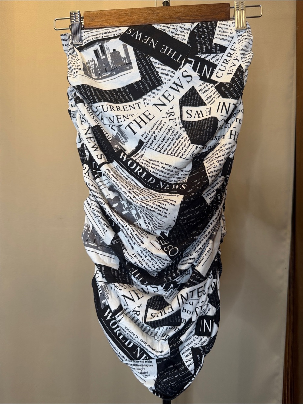 Black & White Newspaper Print Strapless Draped Dress